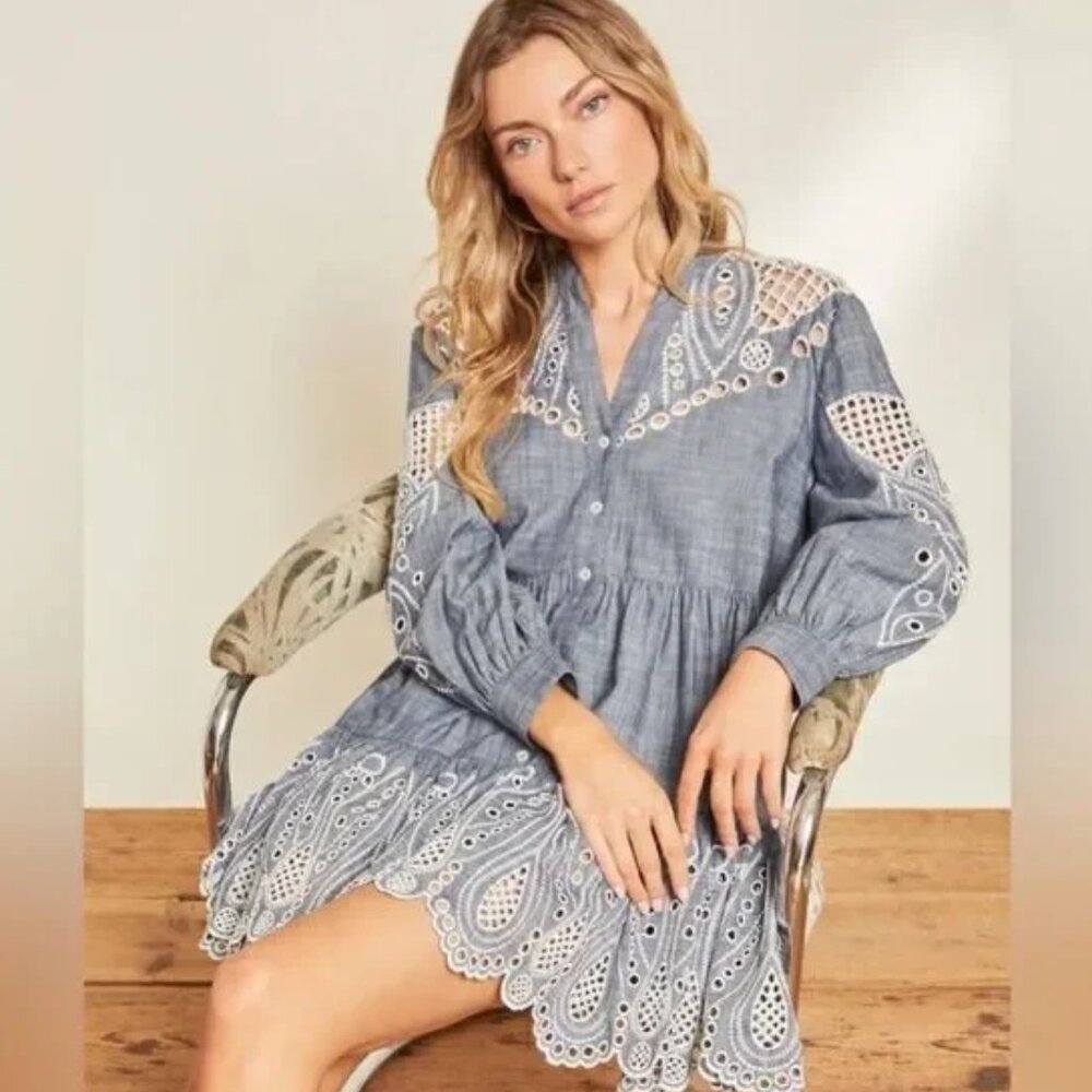Veronica Beard Ariana Mini Dress Chambray Eyelet Embroidery Sz 14
